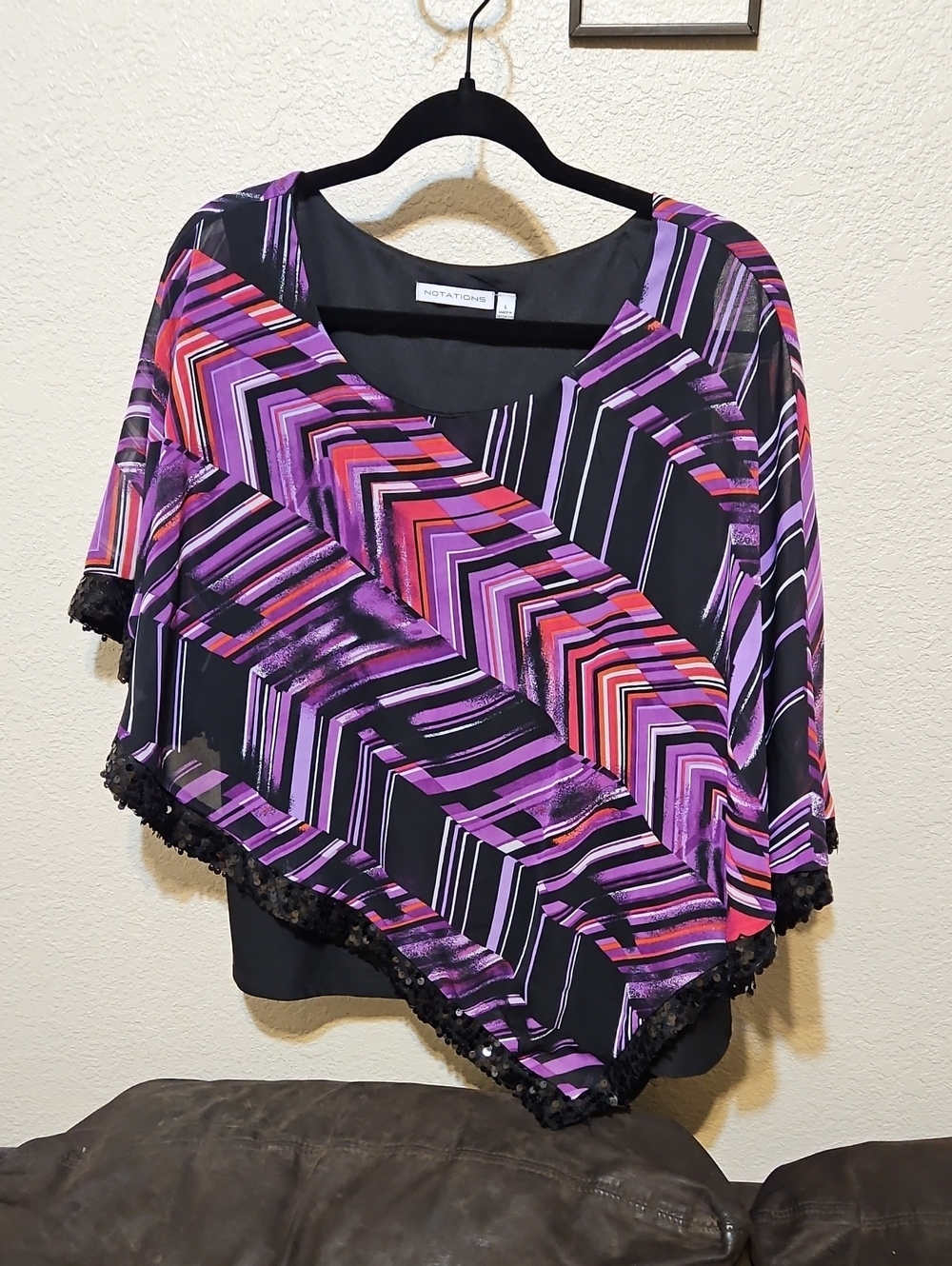Notations Black Poncho Blouse with Purple, Pink and Red Chevron Stripes